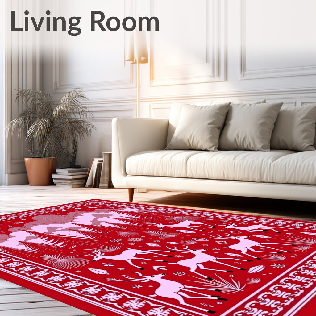 Crimson Whimsical Forest Deer Scene Rug