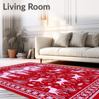 Crimson Whimsical Forest Deer Scene Rug