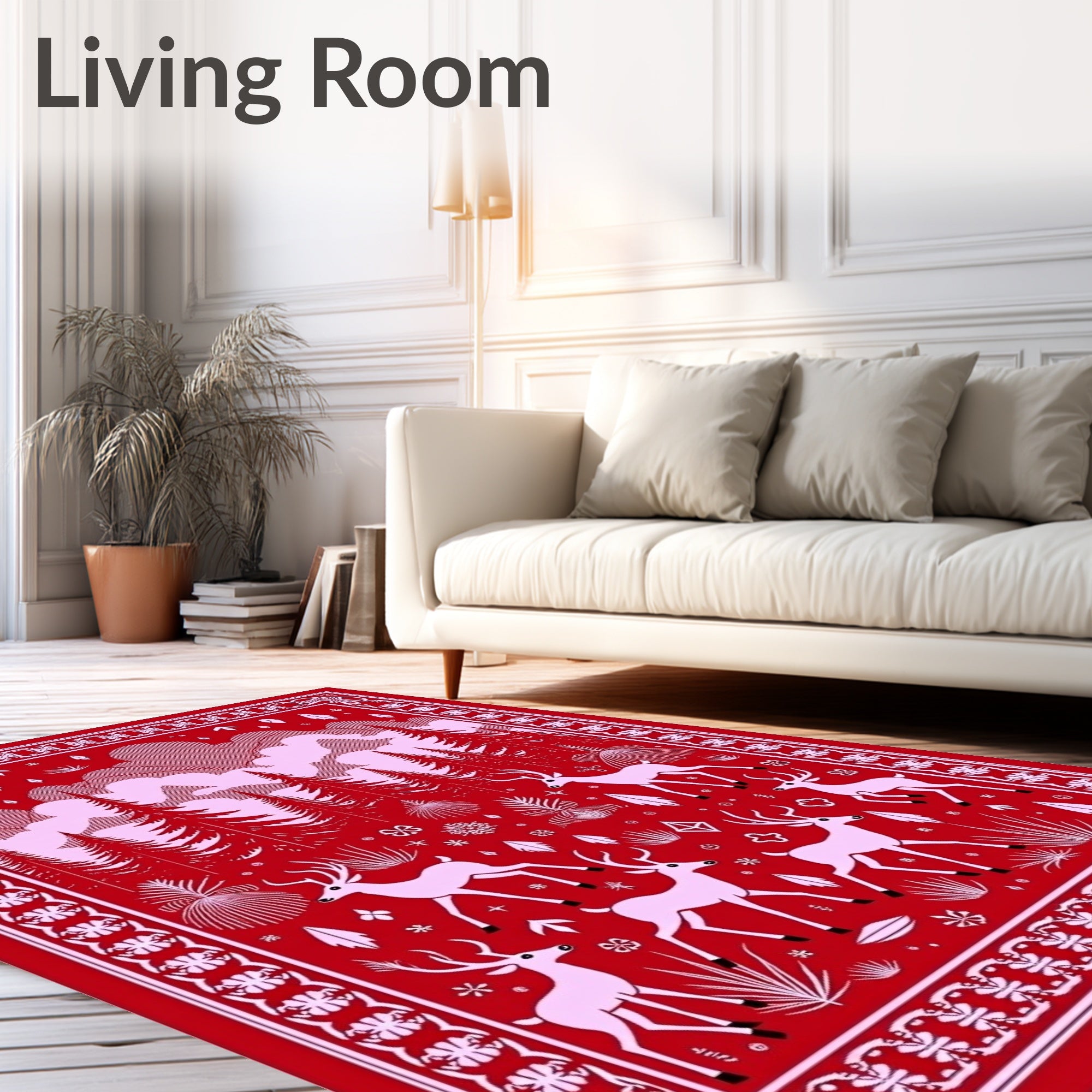 Crimson Whimsical Forest Deer Scene Rug
