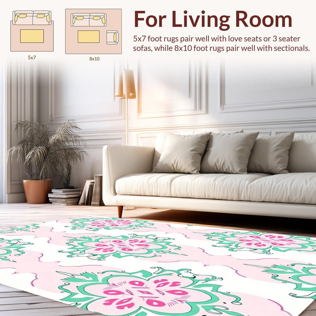 Pink Green Floral Damask Pattern Rug