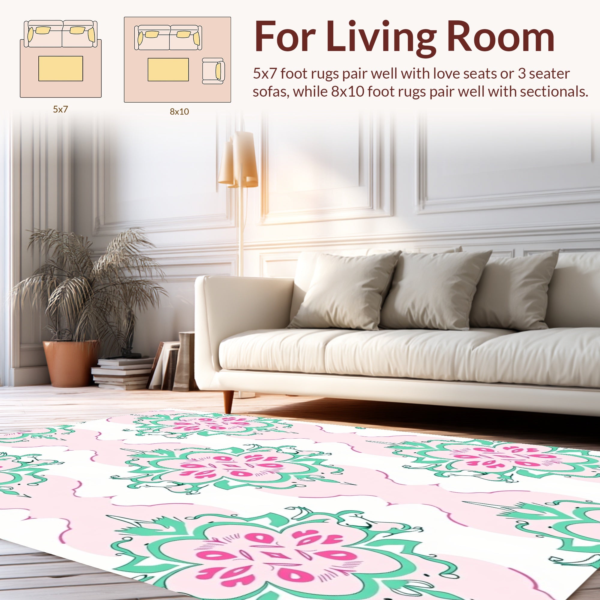 Pink Green Floral Damask Pattern Rug