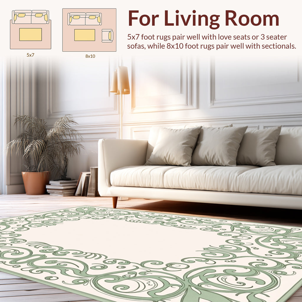 Vintage Green Swirl Floral Frame Design Rug