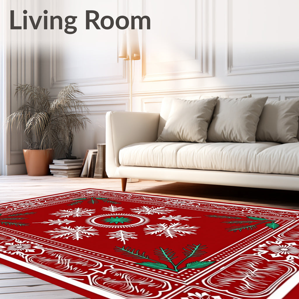 Crimson Snowflakes Festive Forest Border Rug