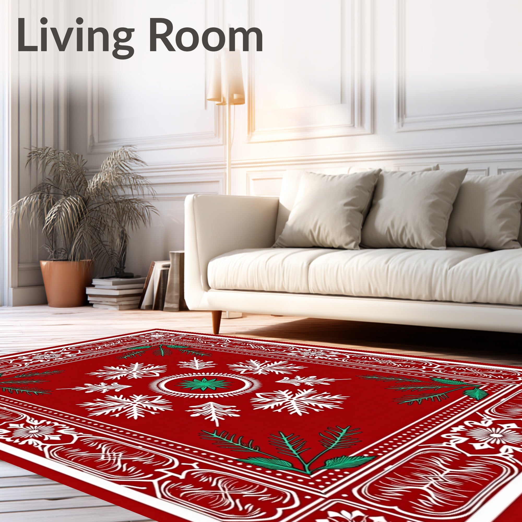 Crimson Snowflakes Festive Forest Border Rug