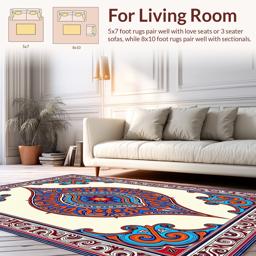 Ornate Blue Orange Floral Medallion Design Rug