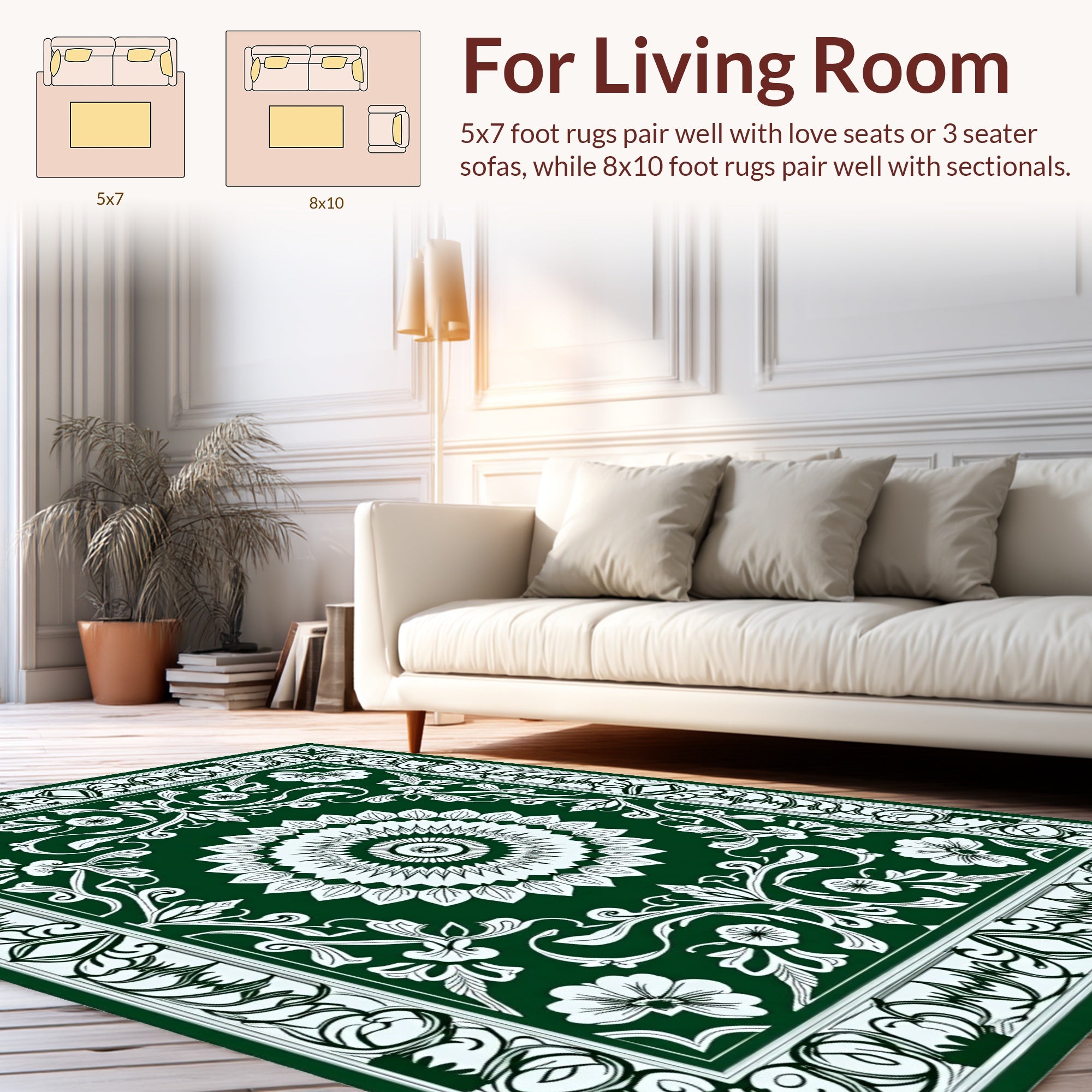 Dark Green Floral Mandala Print Rug