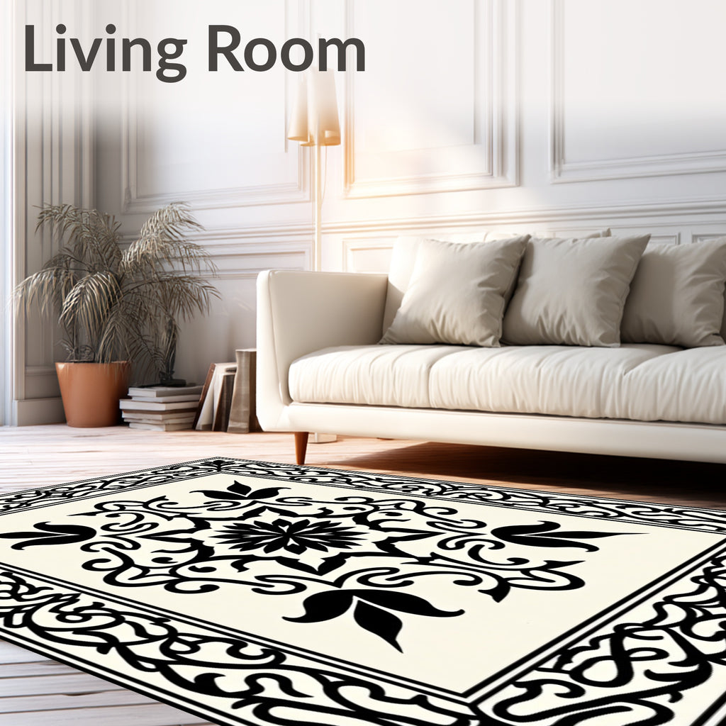 Classic Black White Floral Scroll Rug