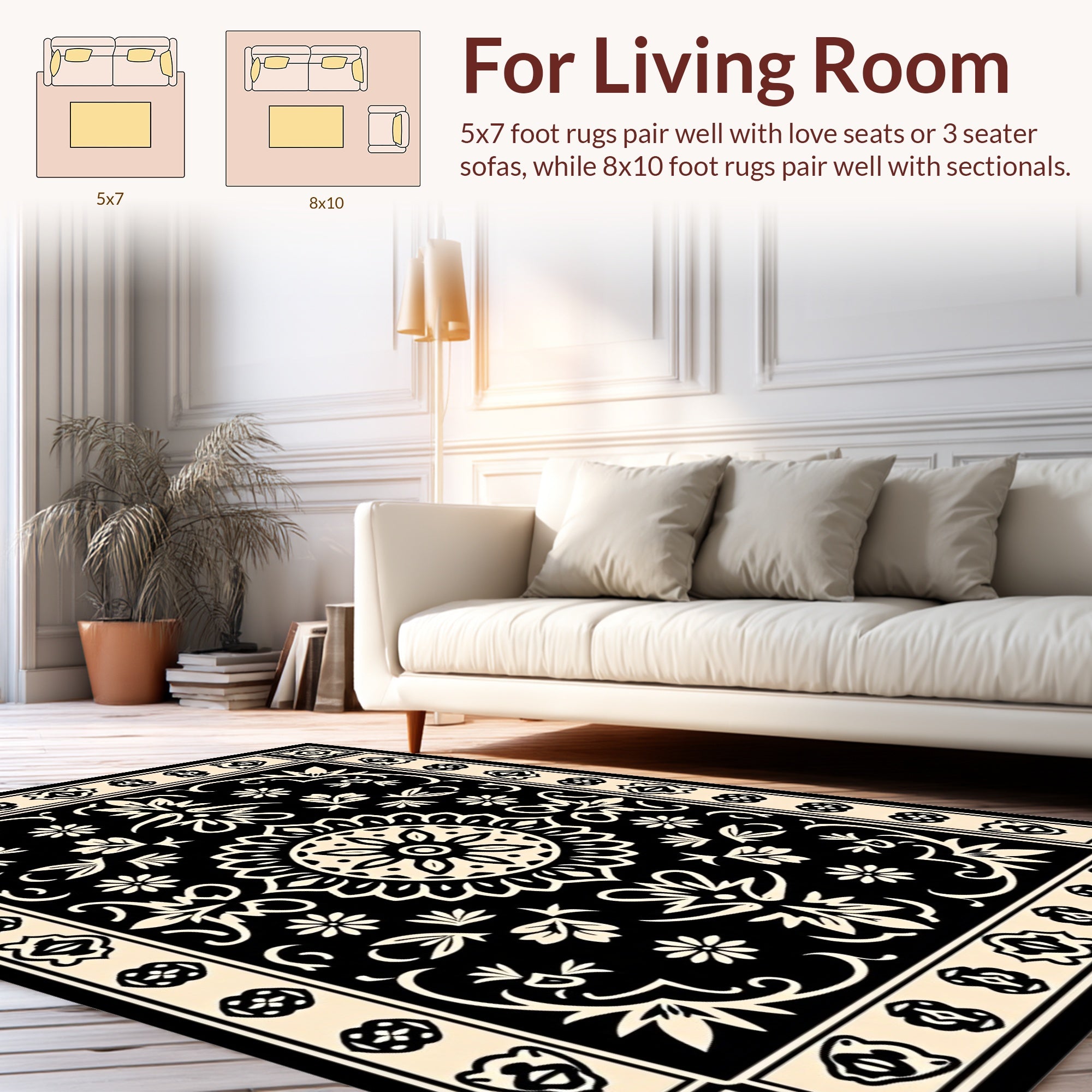 Ornate Floral Symmetry Black Cream Rug