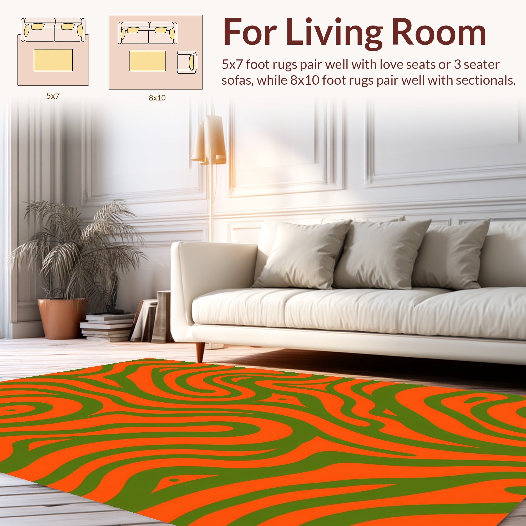 Bold Swirling Emerald Orange Pattern Rug