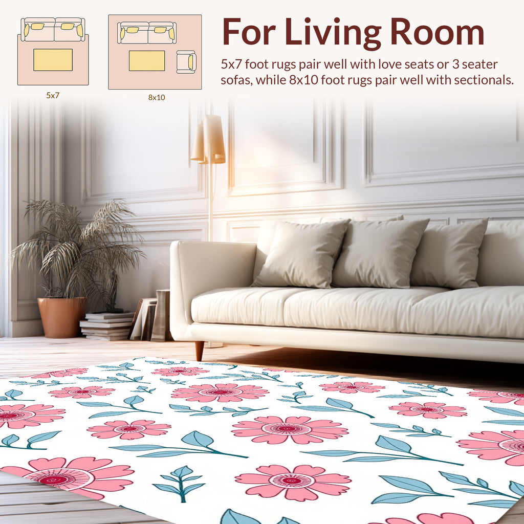 Pink Floral Pattern With Blue Leaves Rug