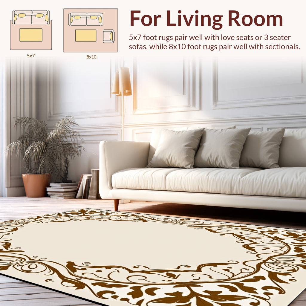 Ornate Brown Floral Scrollwork Design Rug