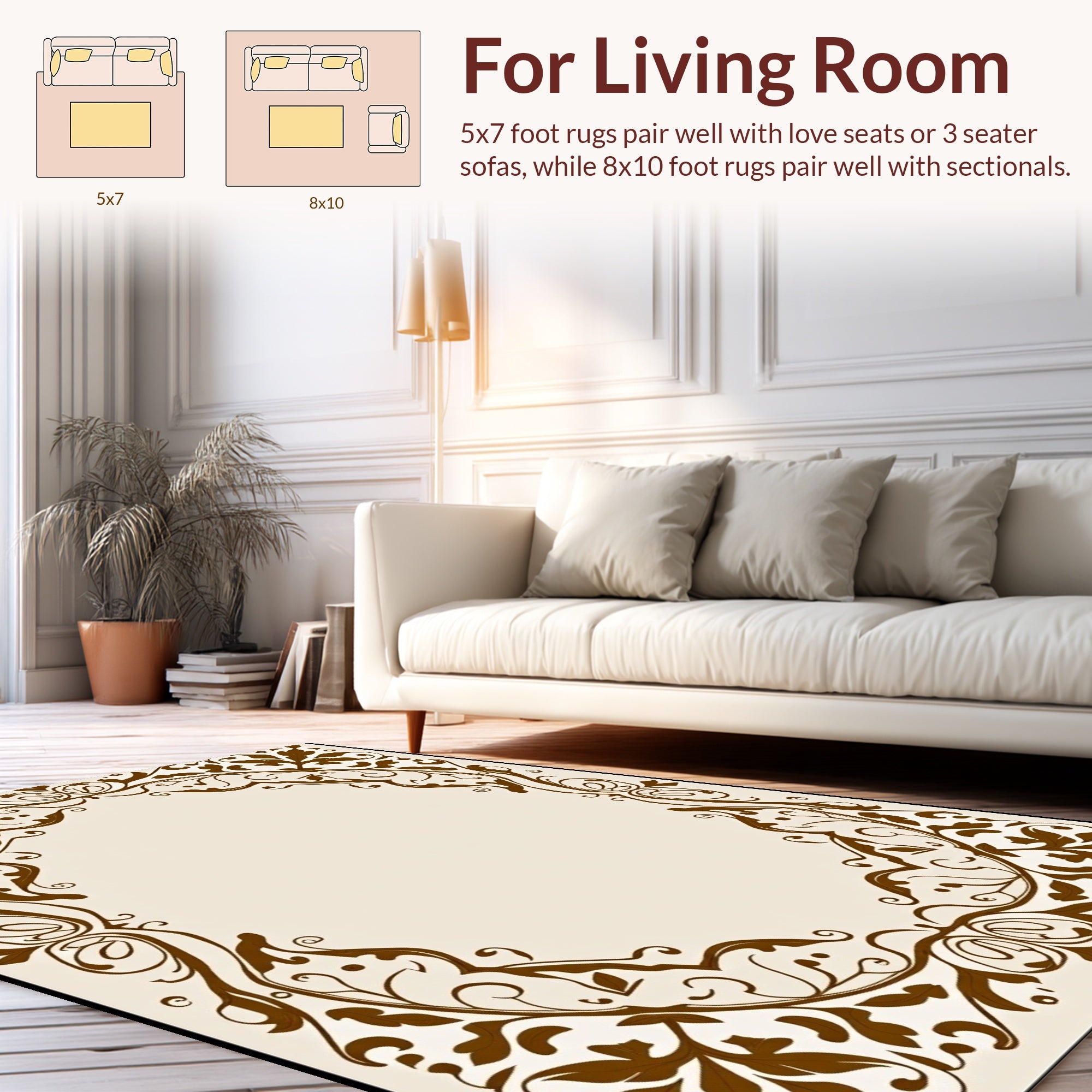 Ornate Brown Floral Scrollwork Design Rug