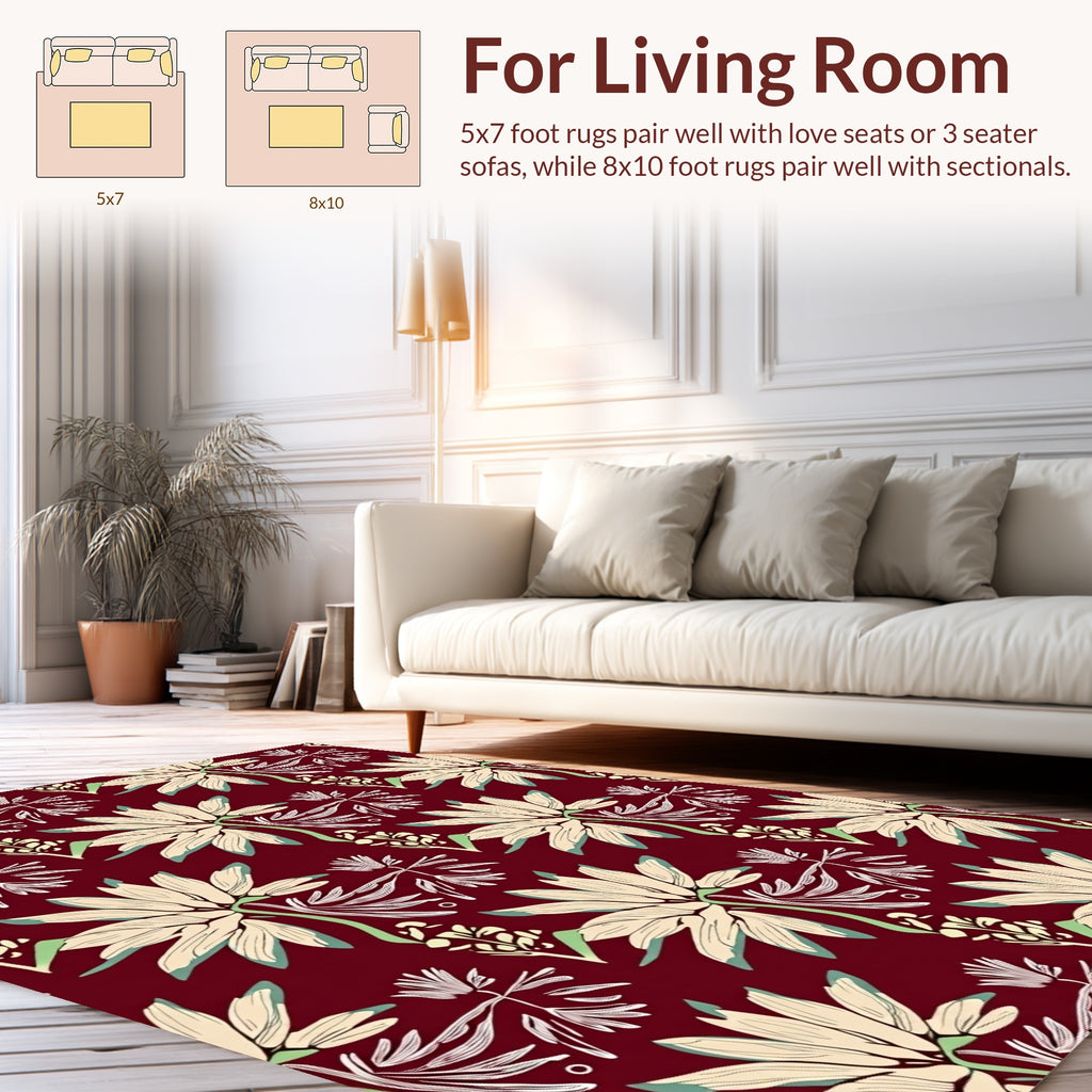 Cream Floral Pattern On Maroon Background Rug