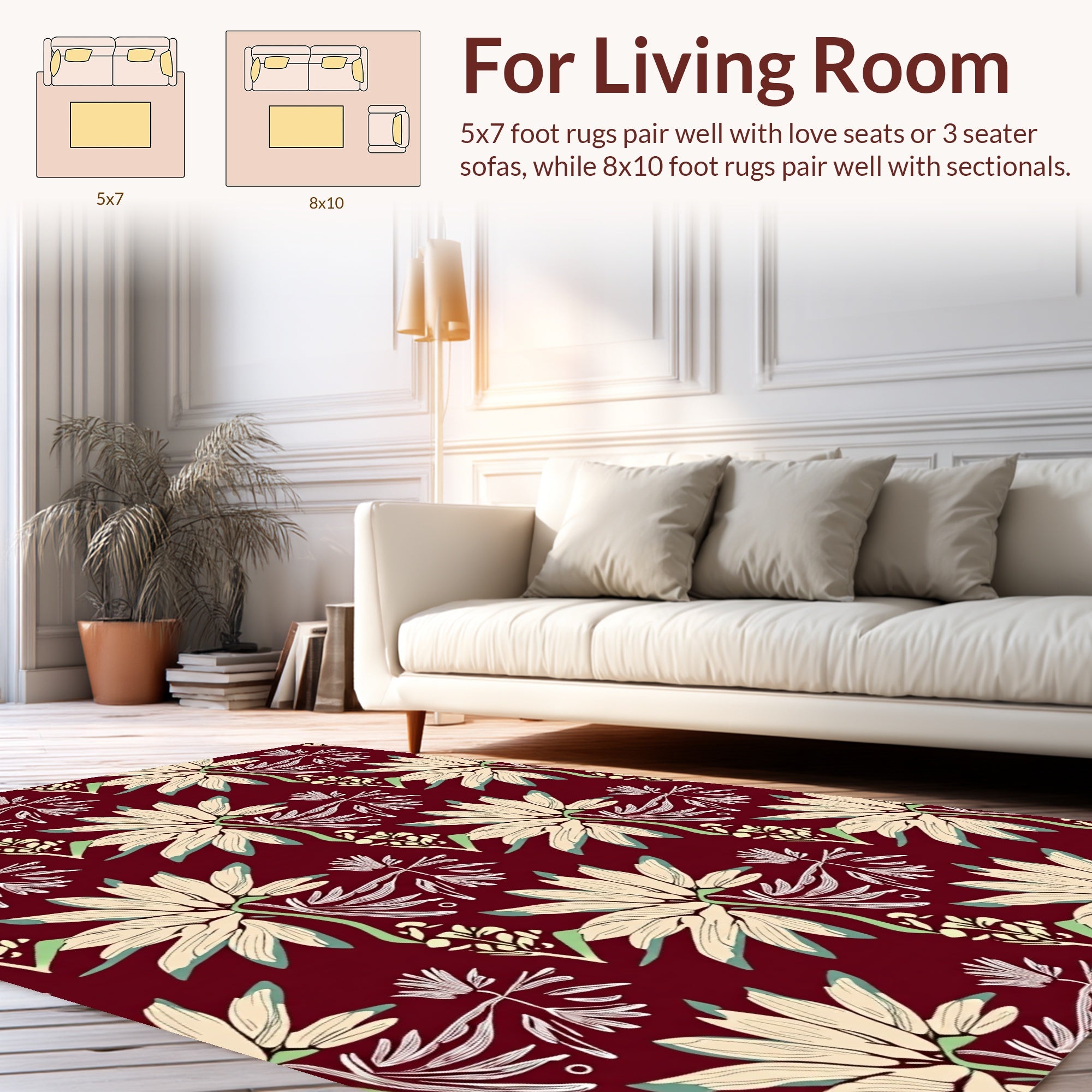 Cream Floral Pattern On Maroon Background Rug