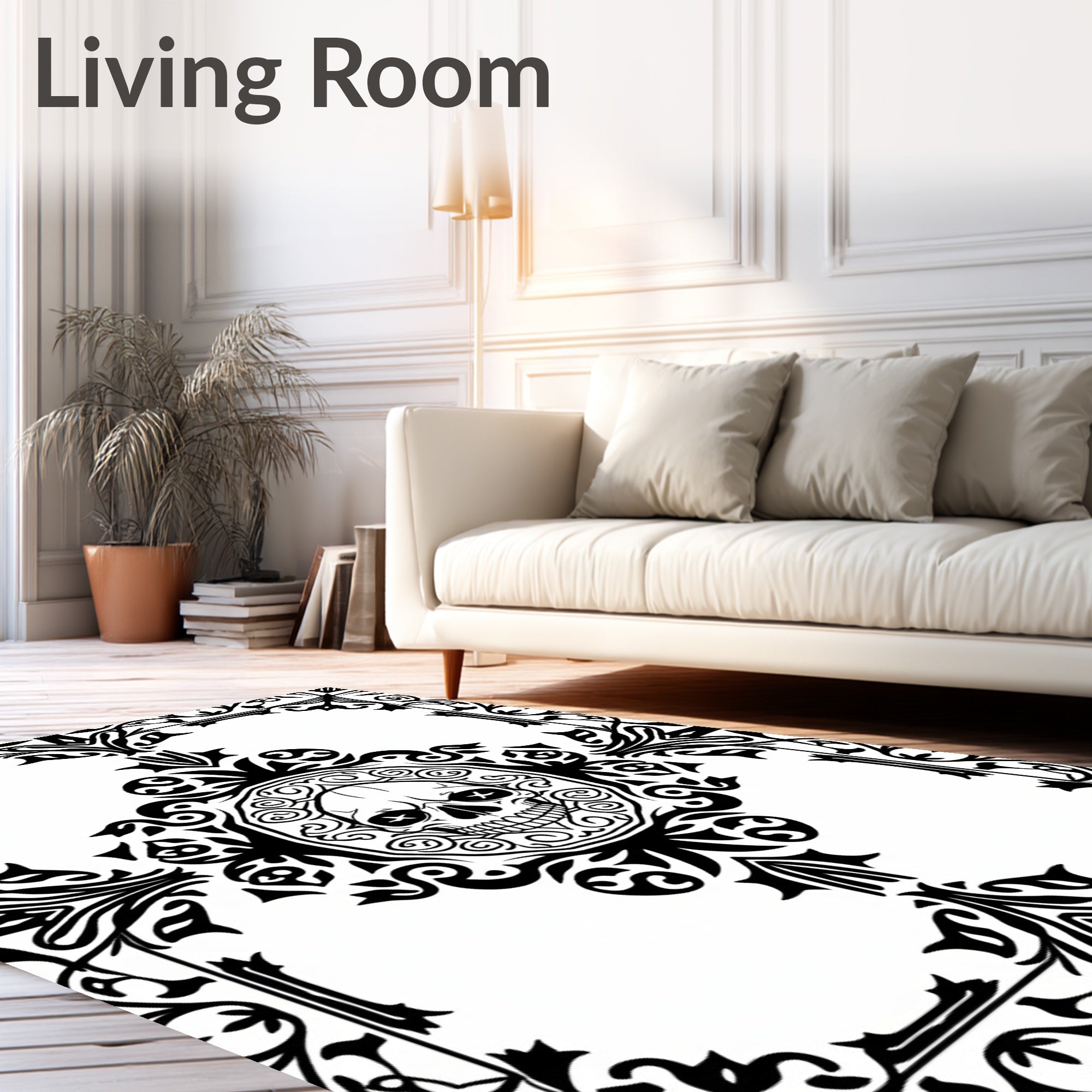 Edgy Black Skulls Ornate Scrollwork Rug