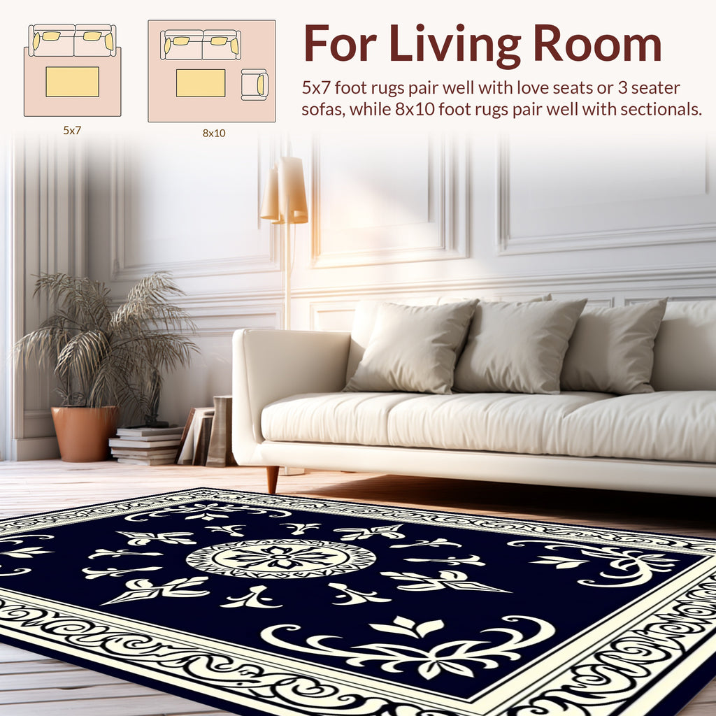 Dark Blue Cream Ornate Floral Design Rug