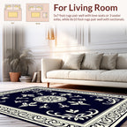 Dark Blue Cream Ornate Floral Design Rug