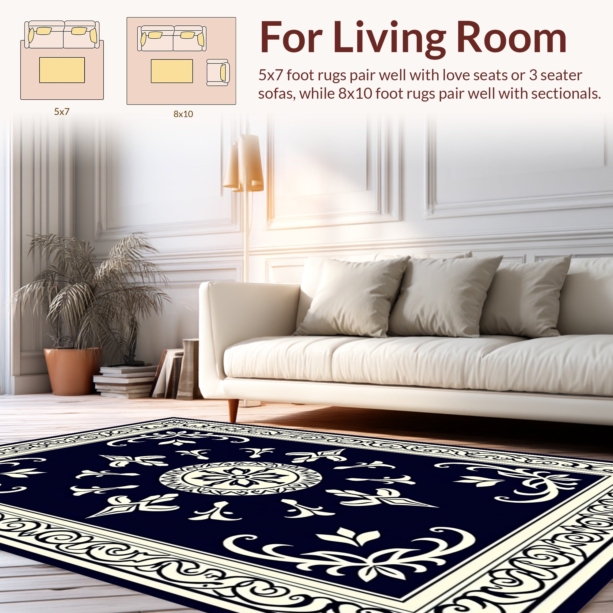Dark Blue Cream Ornate Floral Design Rug
