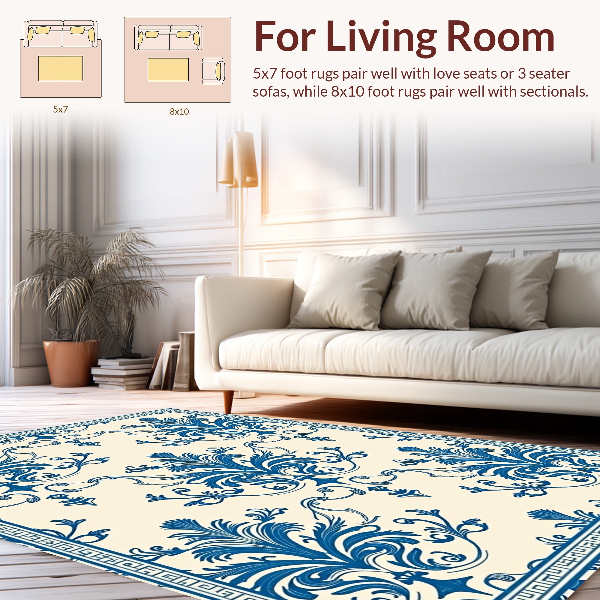 Classic Blue Floral Damask Design Rug