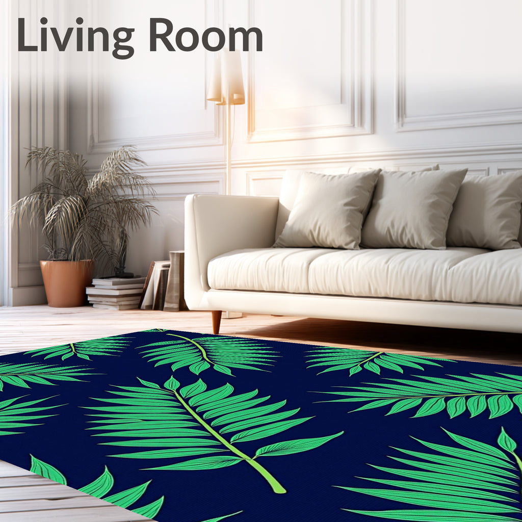 Bold Green Palm Fronds Navy Background Rug