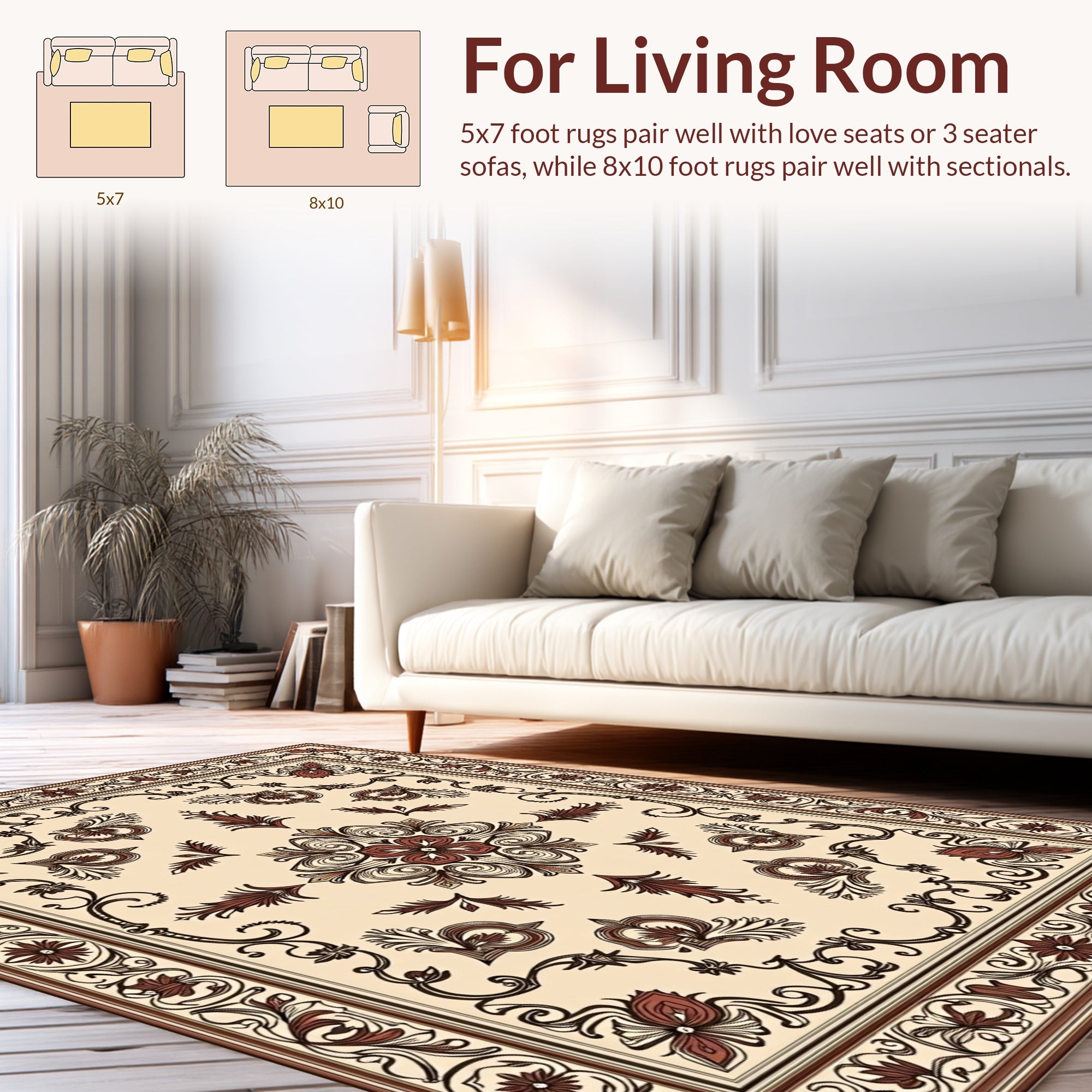 Ornate Floral Scrollwork Beige Brown Rug