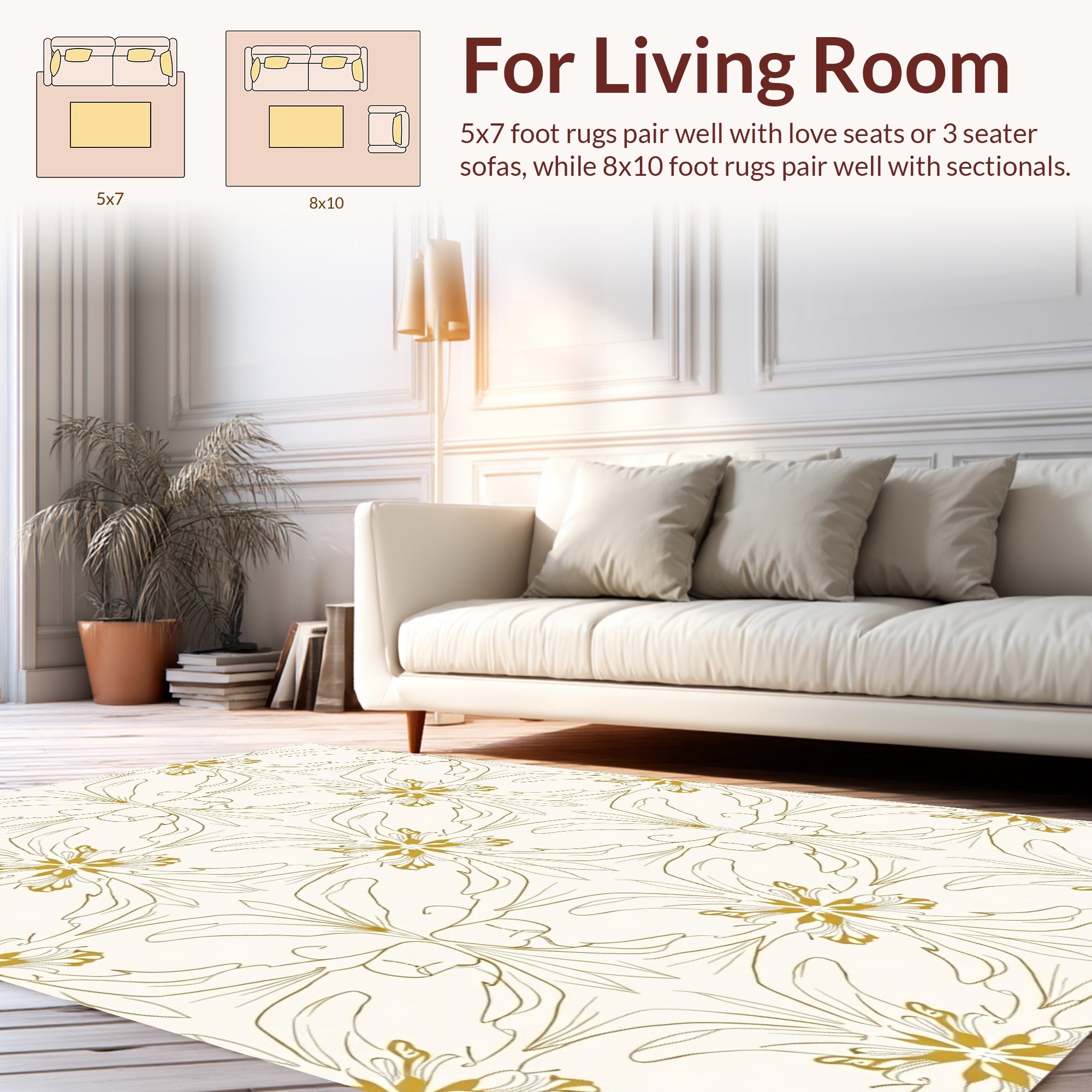 Elegant Gold Outline Floral Pattern Rug