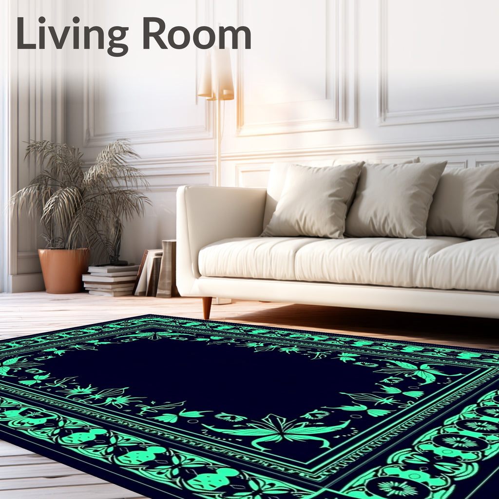 Deep Blue Emerald Floral Border Rug