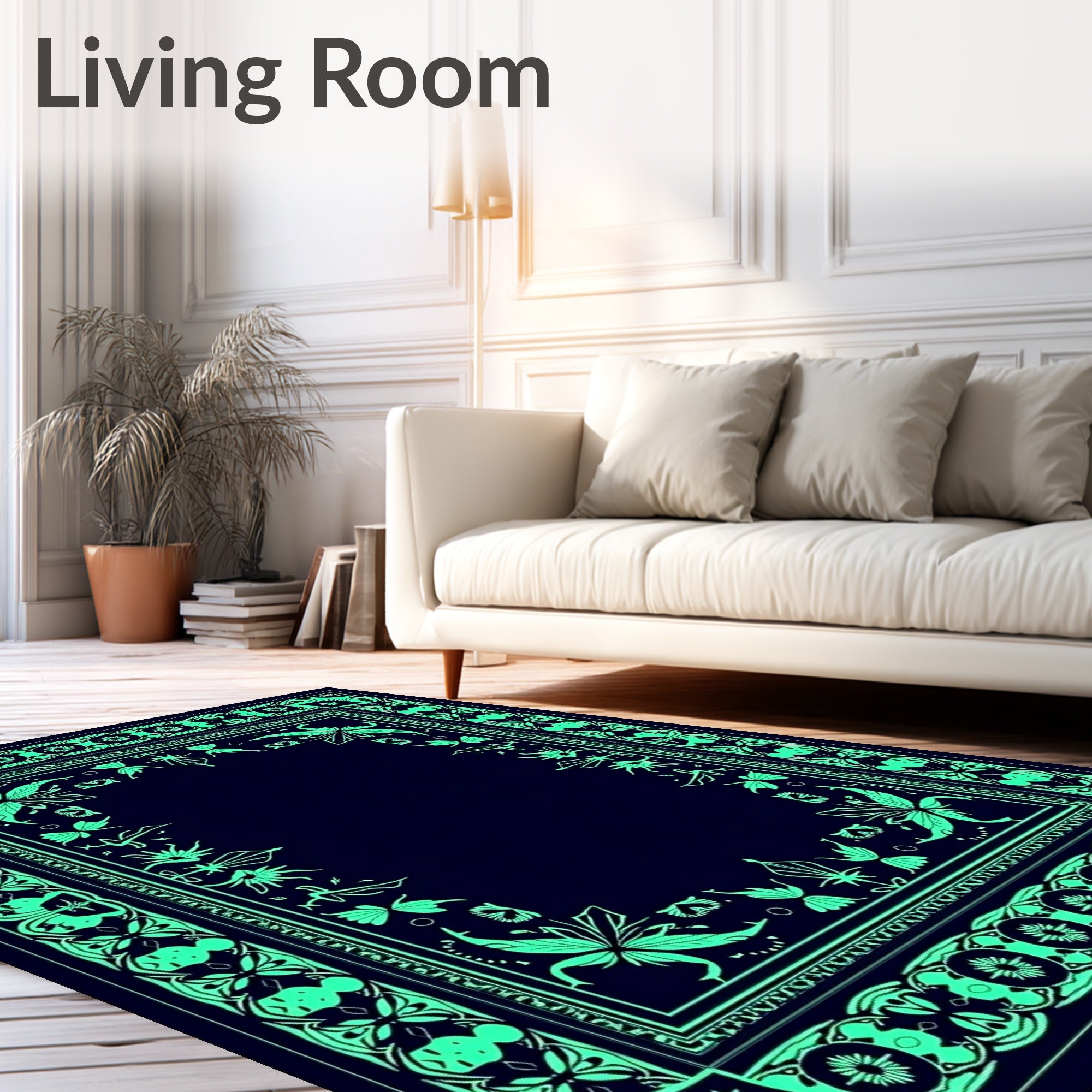 Deep Blue Emerald Floral Border Rug