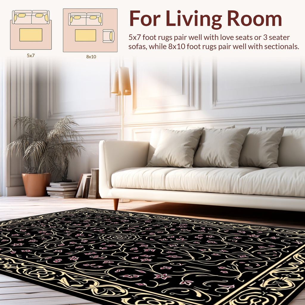 Ornate Floral Black Gold Rug