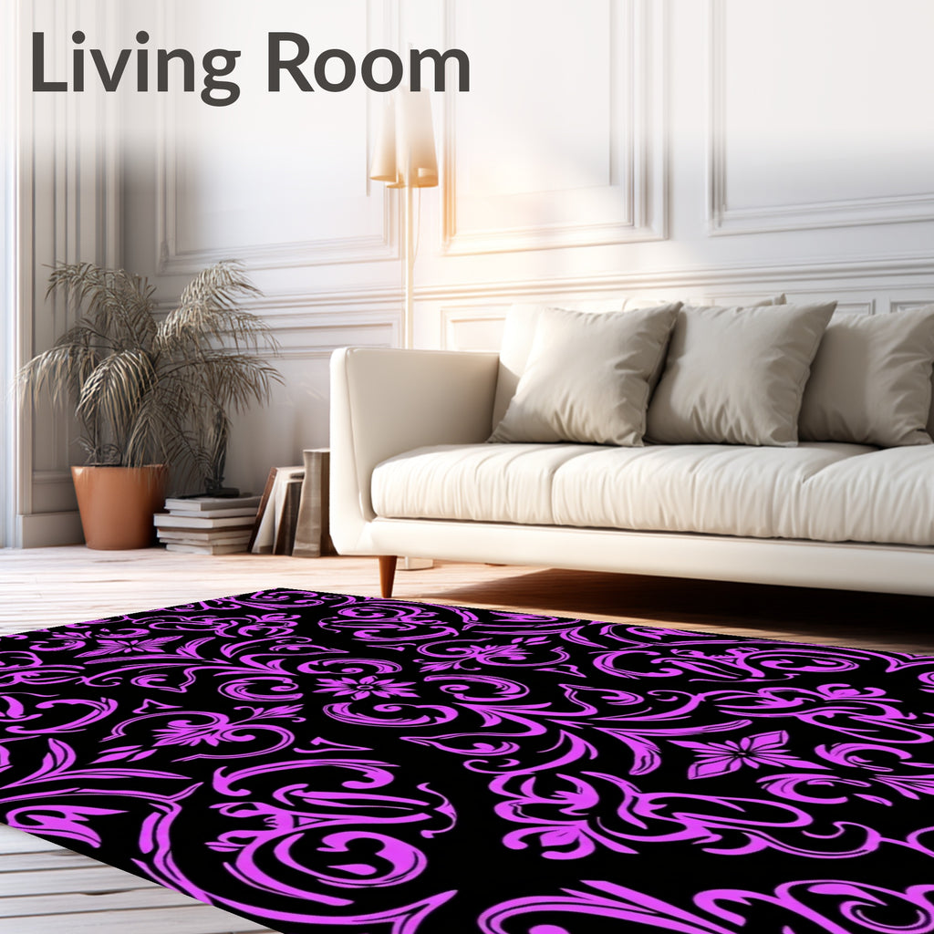 Vibrant Pink Floral Damask Black Rug