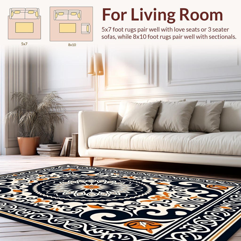 Ornate Black Orange Floral Medallion Rug