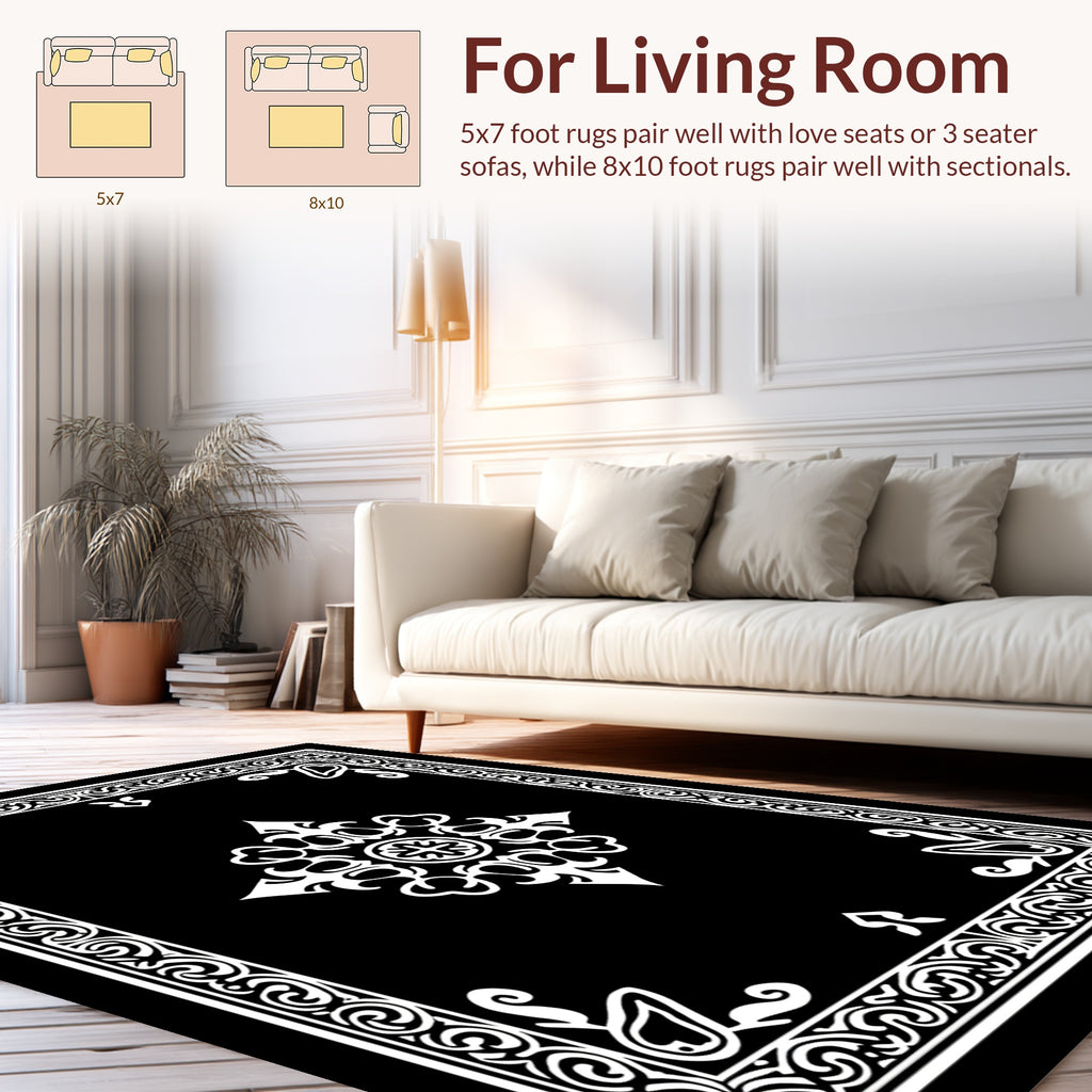 Elegant Black White Floral Motif Rug