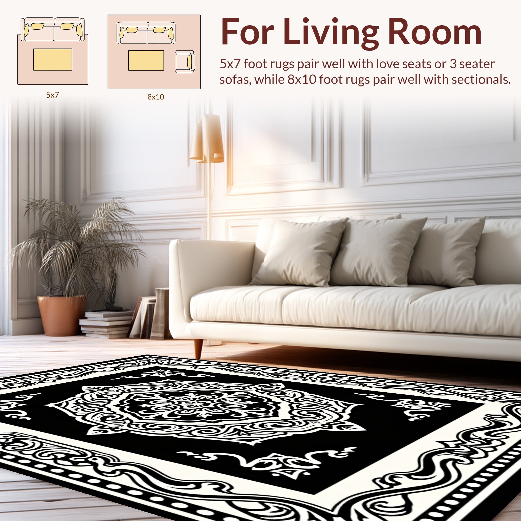 Classic Black White Floral Medallion Rug