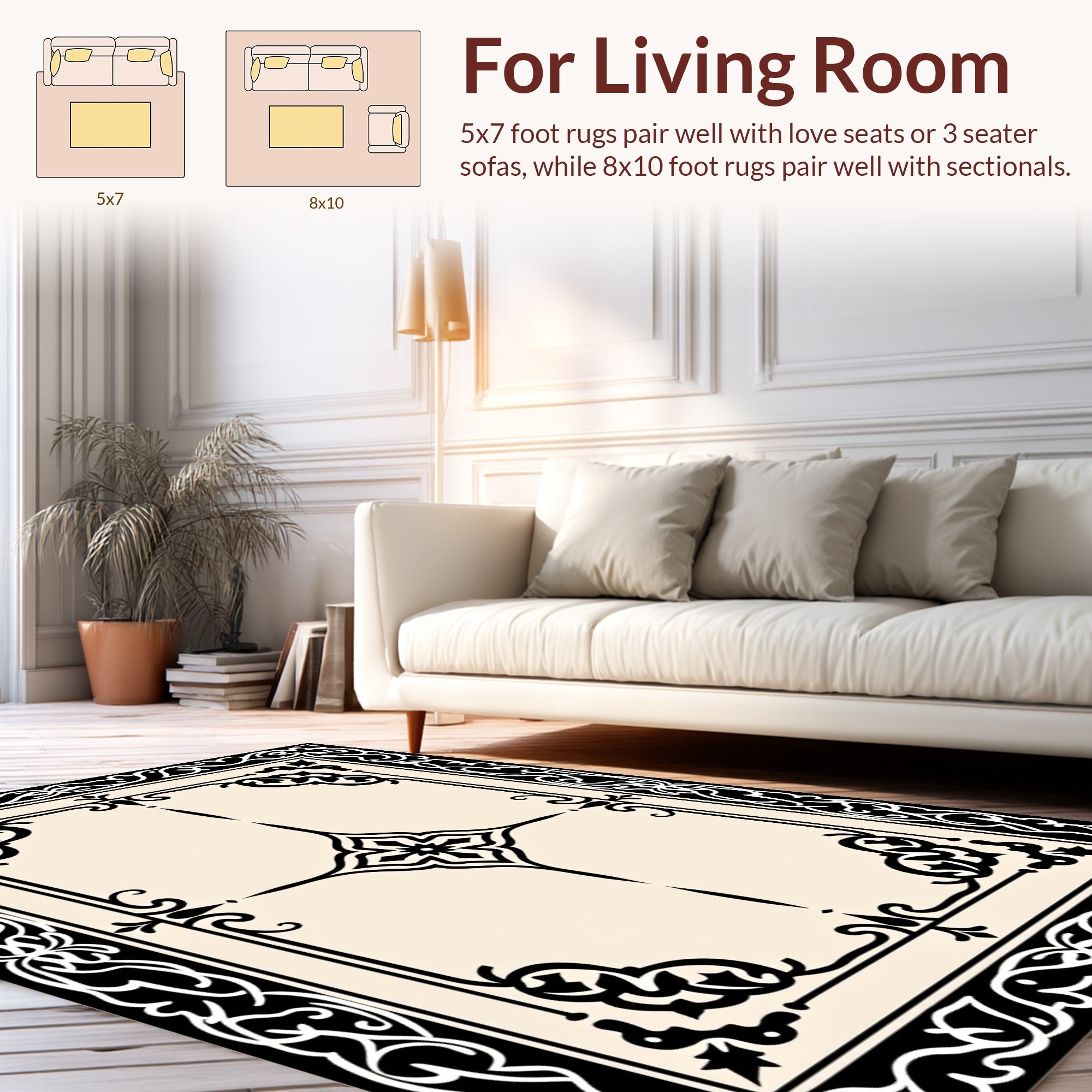 Ornate Black and Cream Classic Pattern Rug