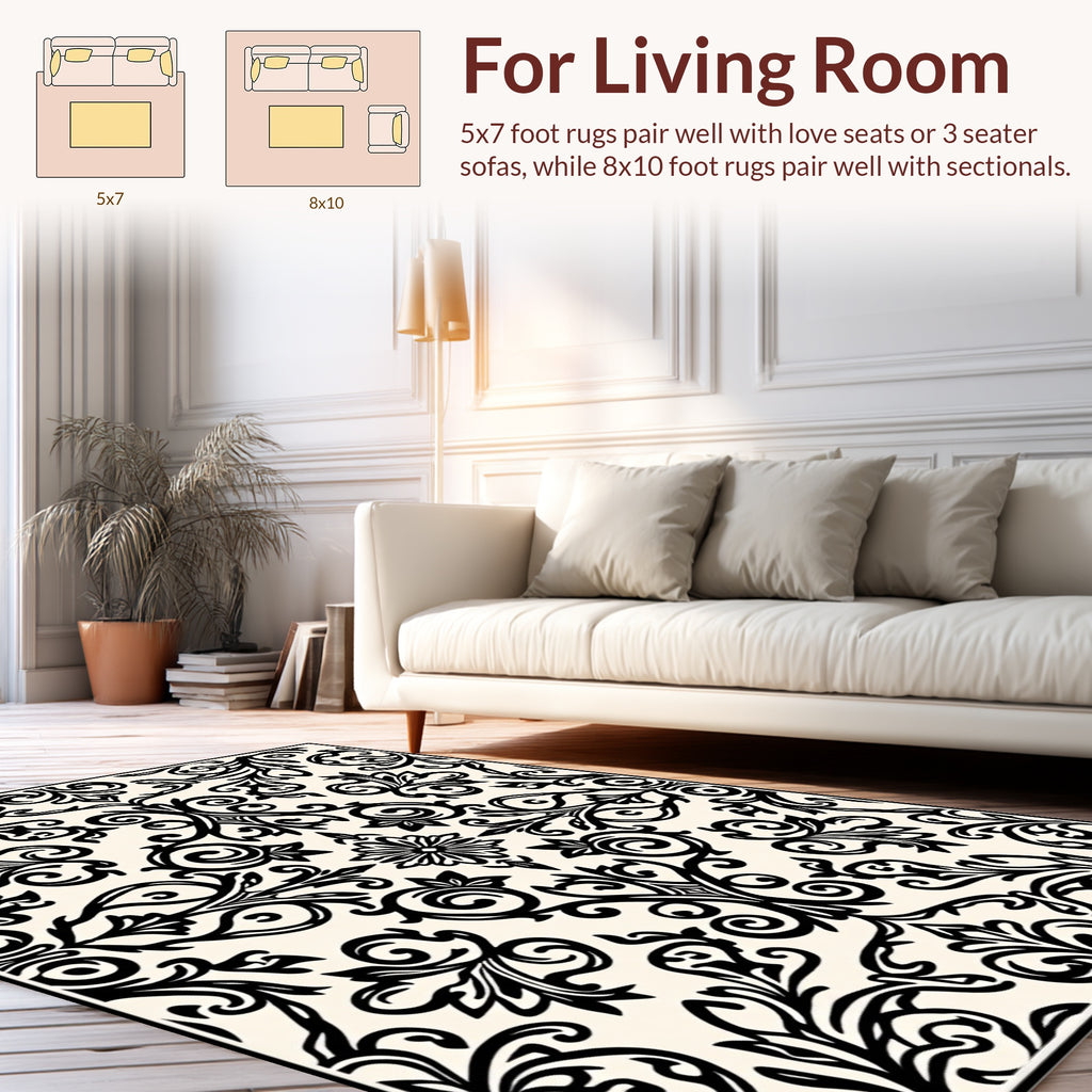 Intricate Black Floral Scroll Pattern Rug