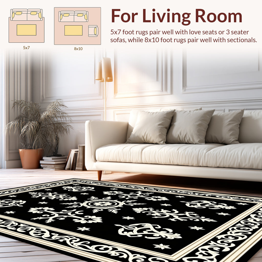 Classic Black White Ornate Pattern Rug