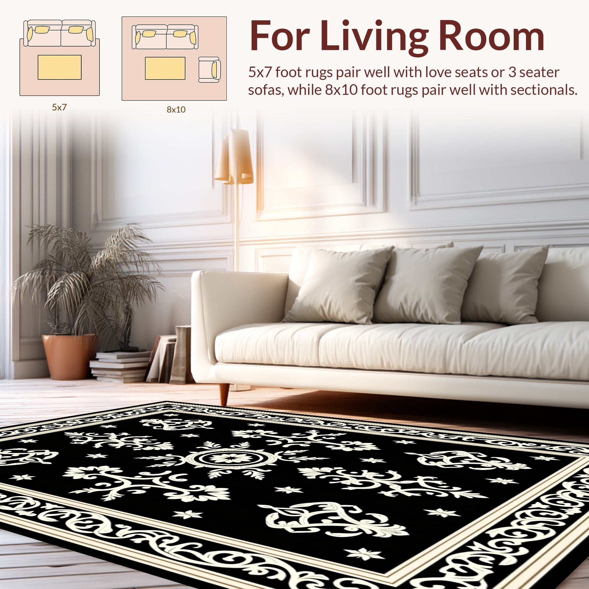 Classic Black White Ornate Pattern Rug