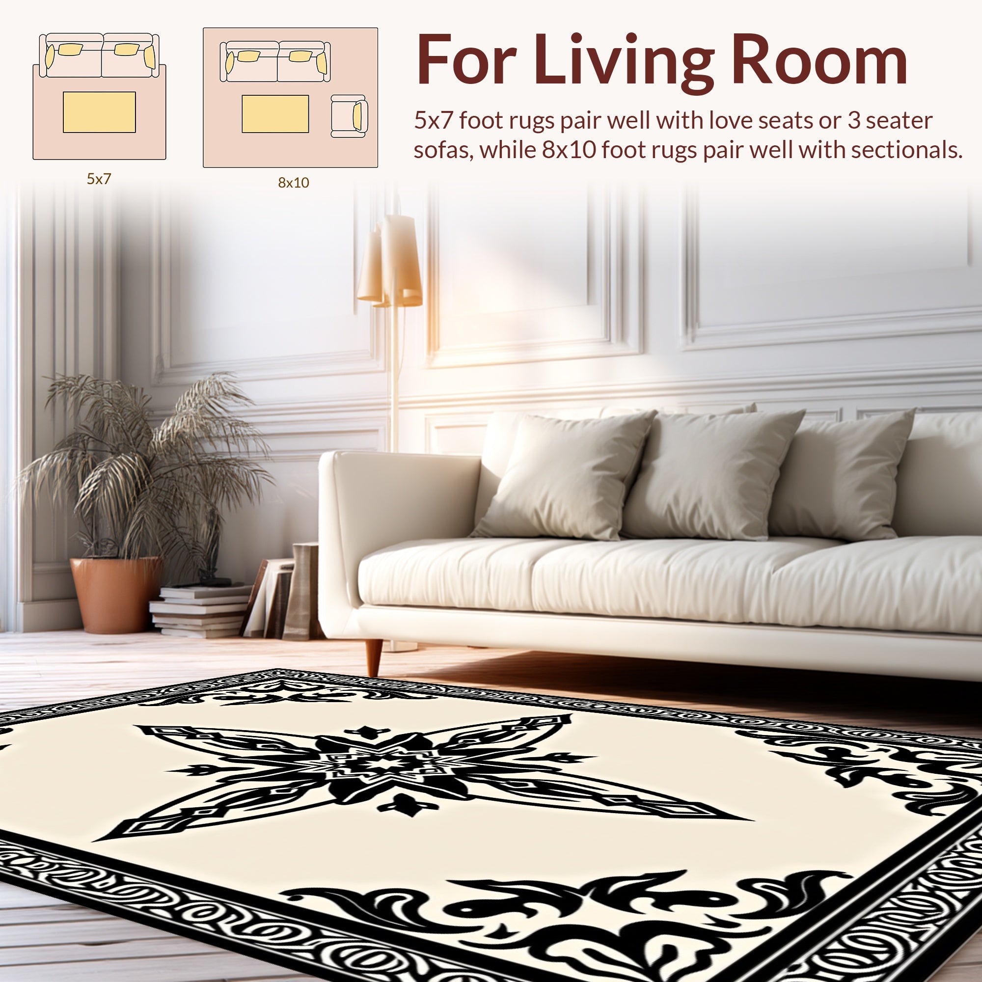 Intricate Black Floral Border Design Rug
