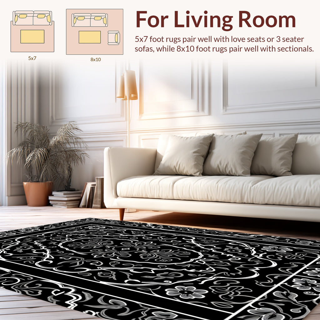 Black Floral Scrollwork Pattern Rug