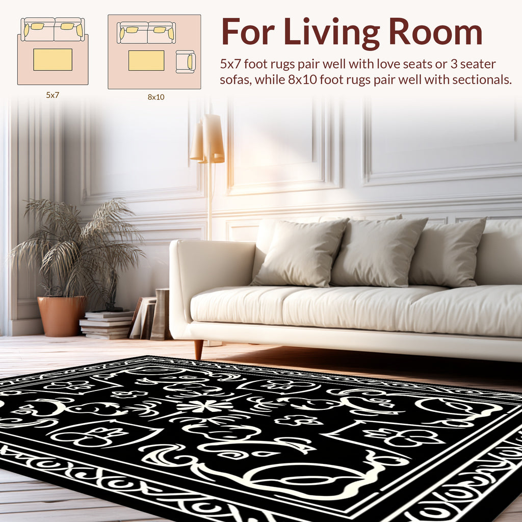 Black White Outline Floral Pattern Rug