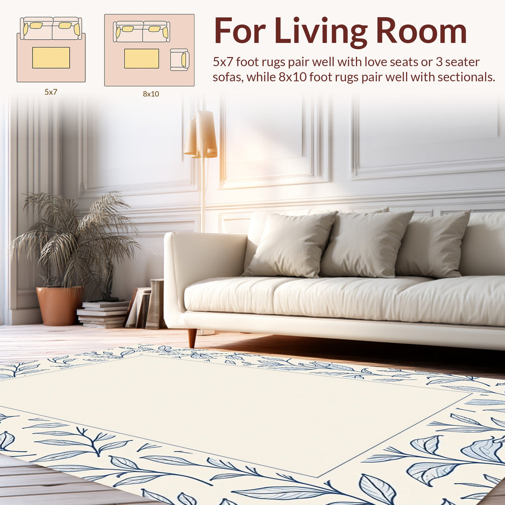 Navy Leaf Patterned Cream Rug