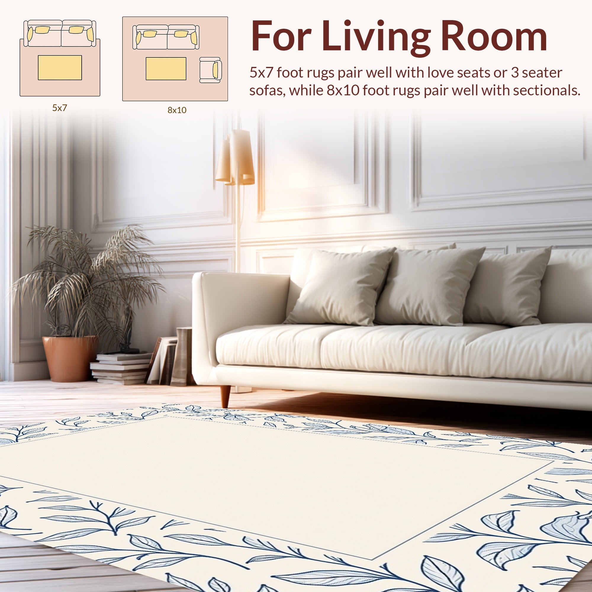 Navy Leaf Patterned Cream Rug