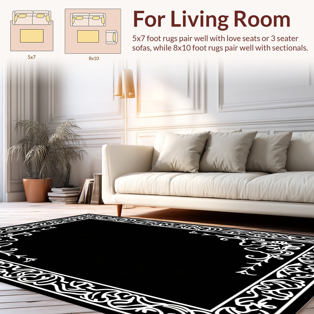 Intricate White Floral Border Pattern Rug