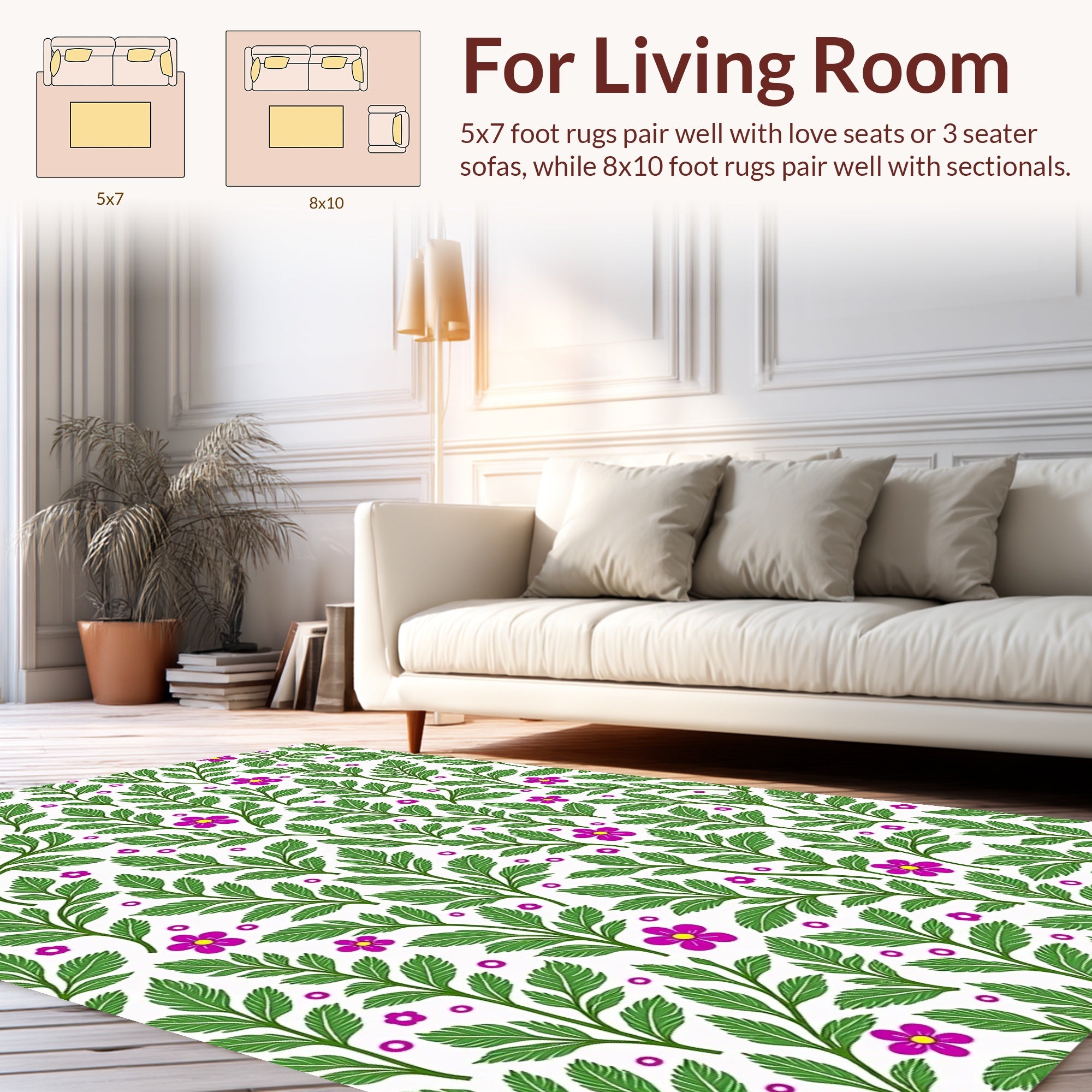 Green Foliage Pink Flower Pattern Rug
