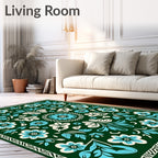 Folk Flowers Teal Cream Border Rug