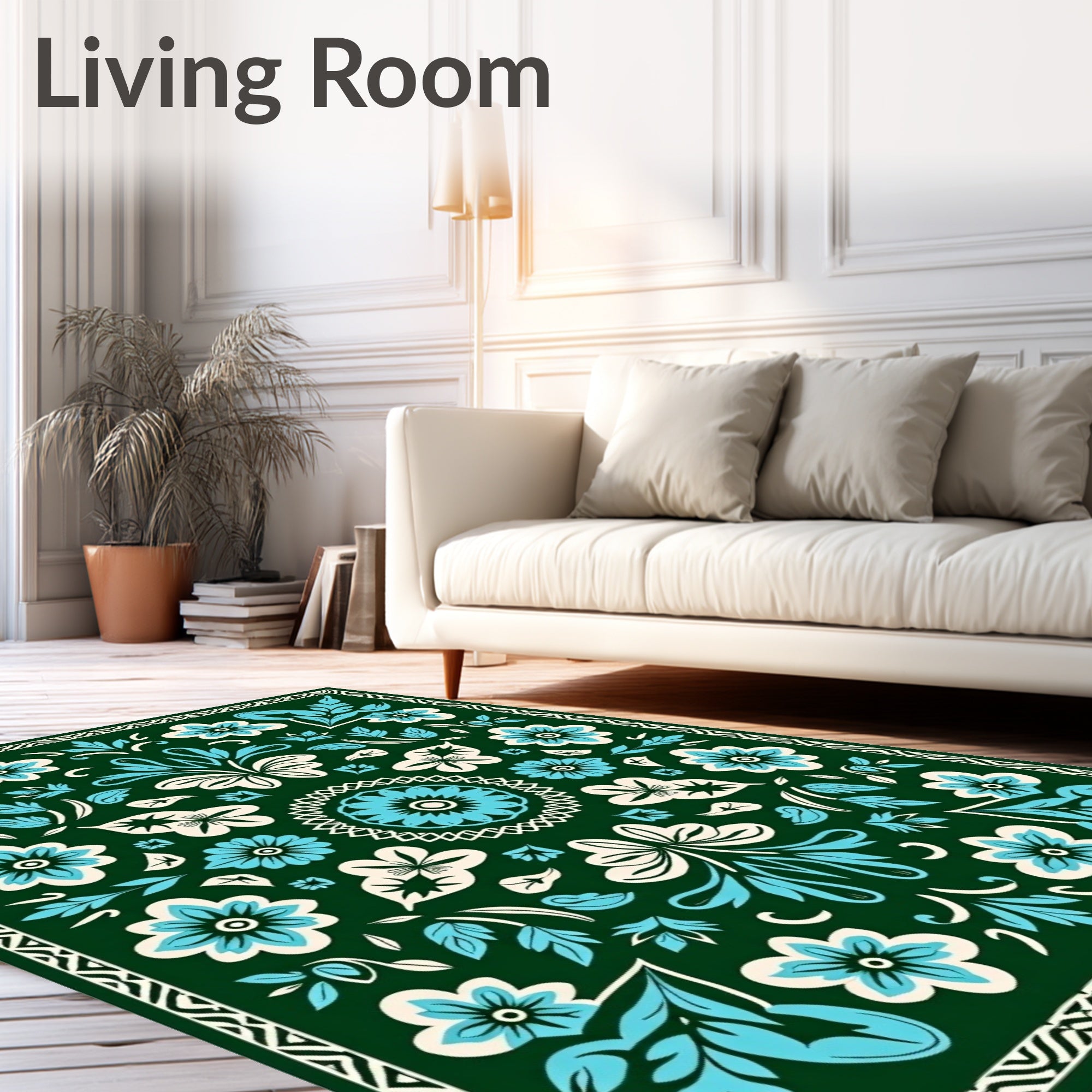 Folk Flowers Teal Cream Border Rug