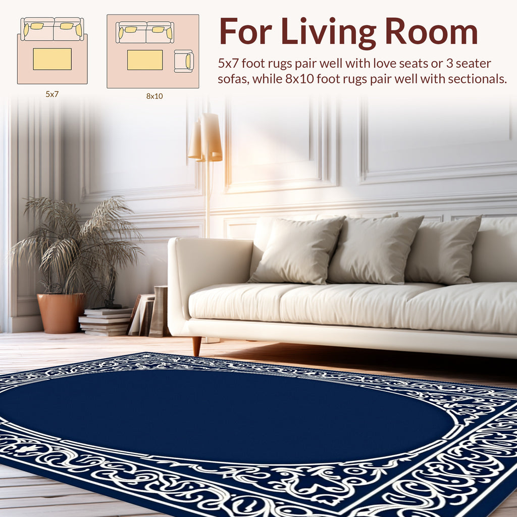 Ornate White Floral Navy Border Rug