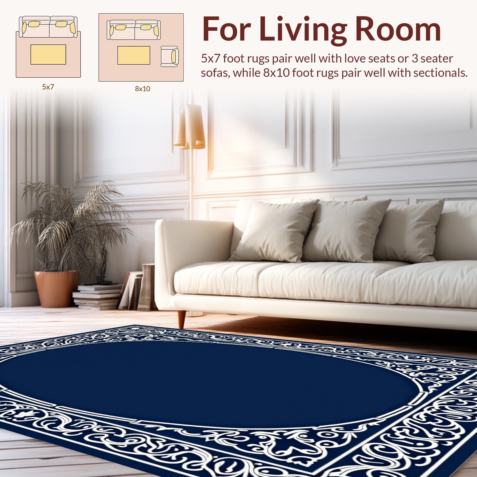 Ornate White Floral Navy Border Rug