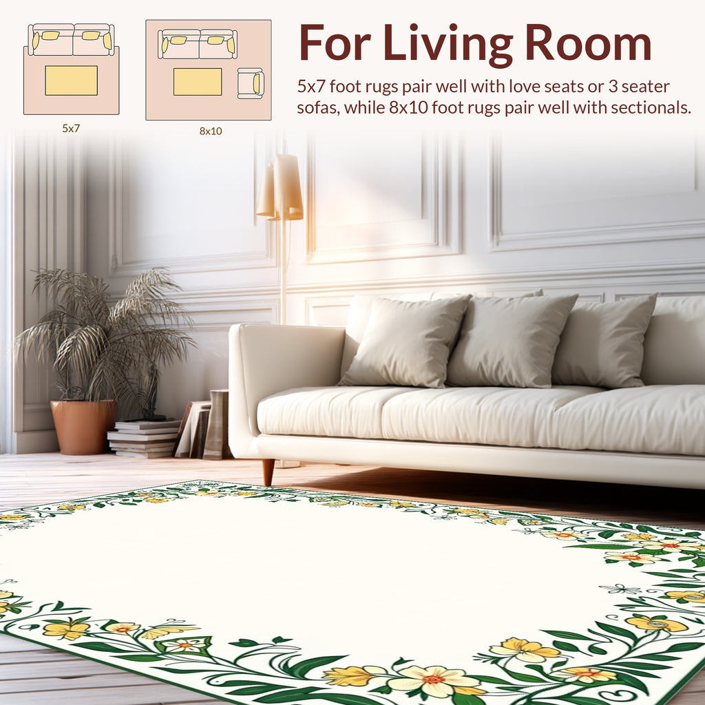 Whimsical Yellow Floral Vine Pattern Rug