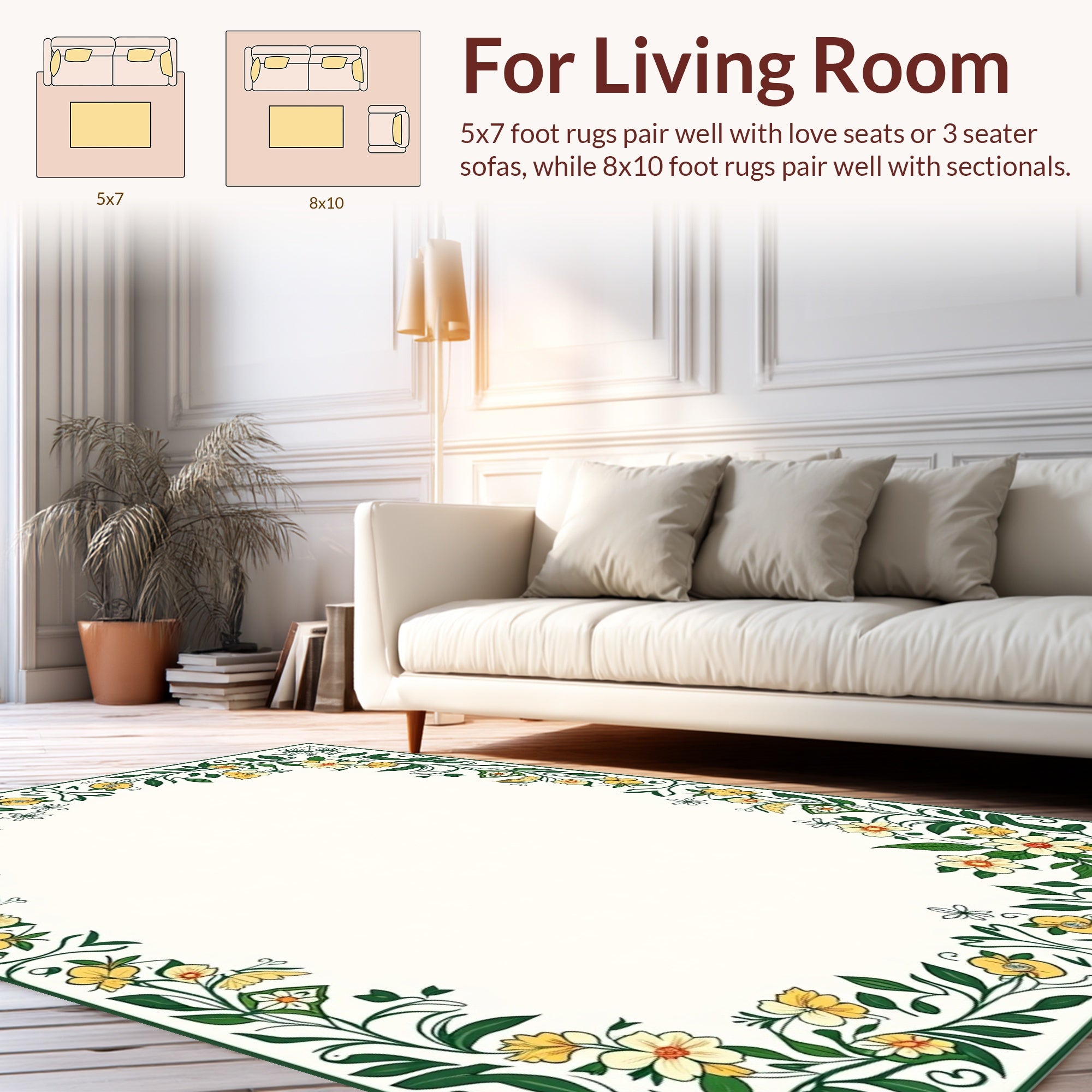 Whimsical Yellow Floral Vine Pattern Rug